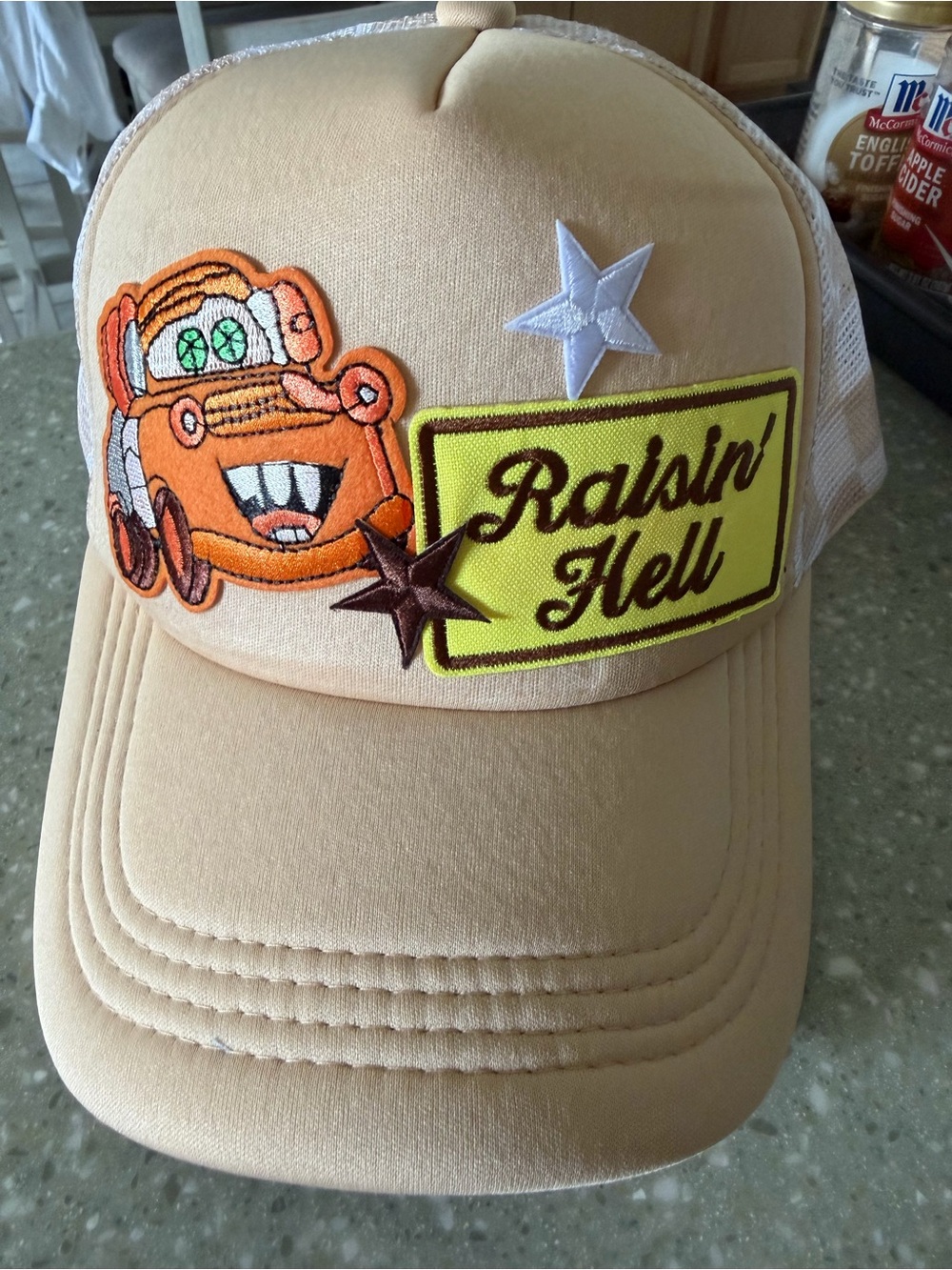 Disney Trucker Hat with Mater Car and Yellow 'Raisin' Hell Patch